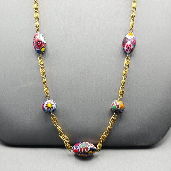Murano Jewelry - VTG Venetian Murano Millefiori Glass Beaded Station Necklace 31" Gold Plated